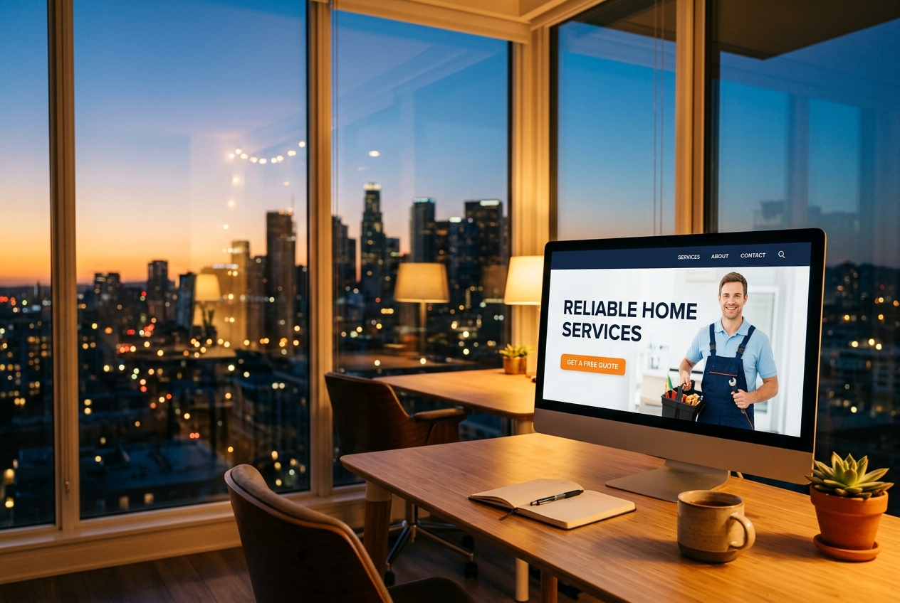 A warm-lit office at dusk with a desktop monitor showing a home services website