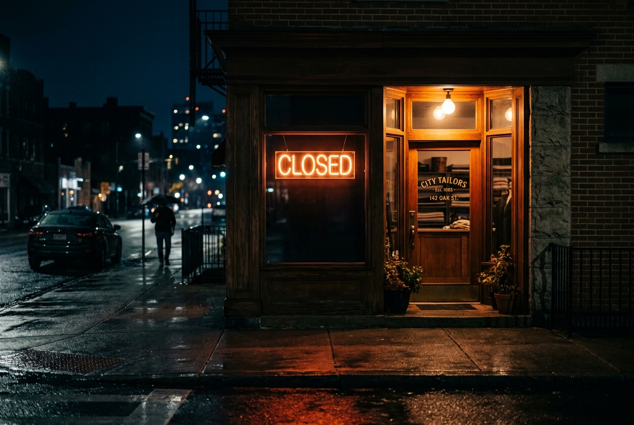 A storefront at night with the CLOSED sign glowing orange after everyone has gone home